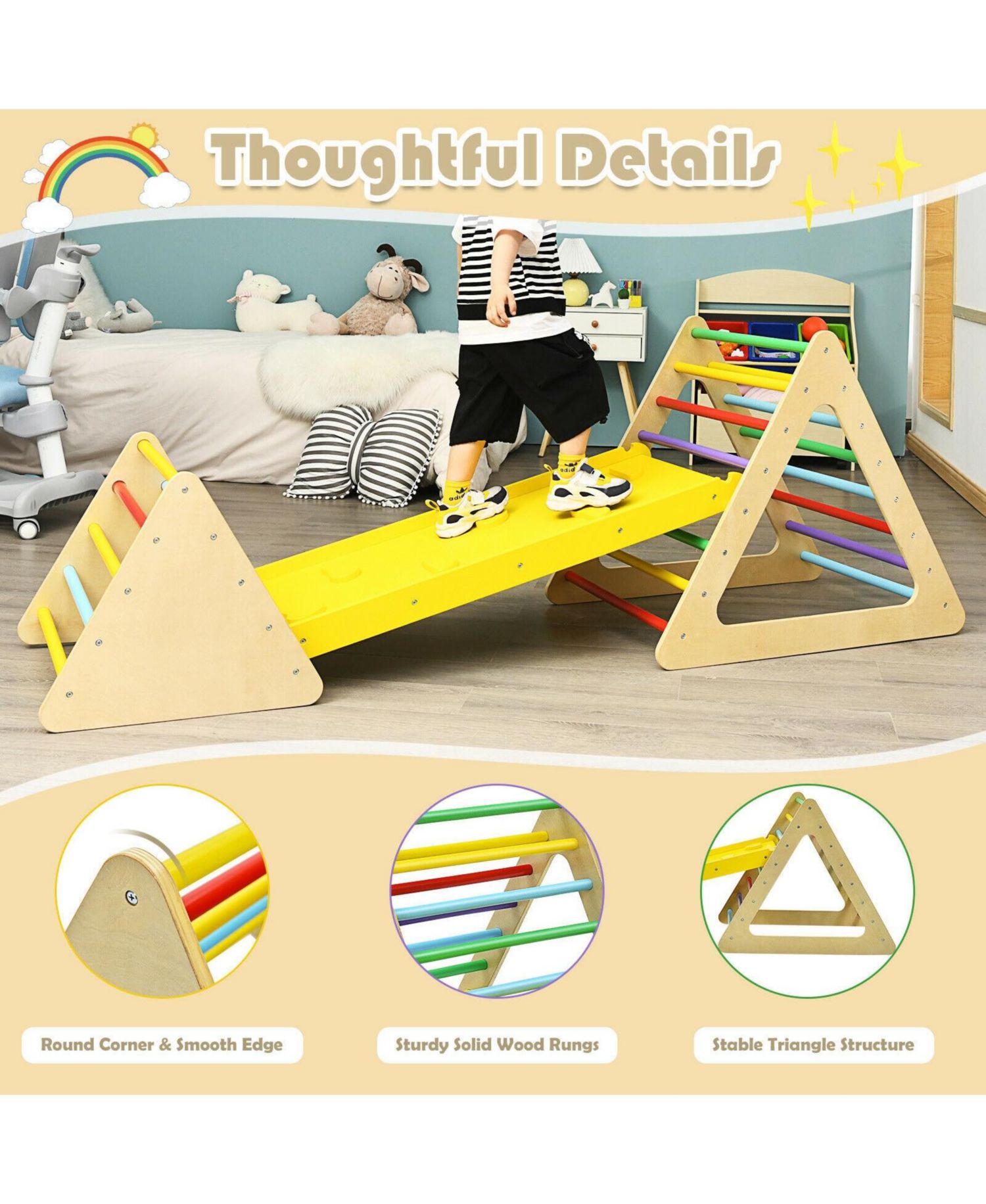 3-in-1 Wooden Triangle Climbers and Ramp, 3-Piece Set