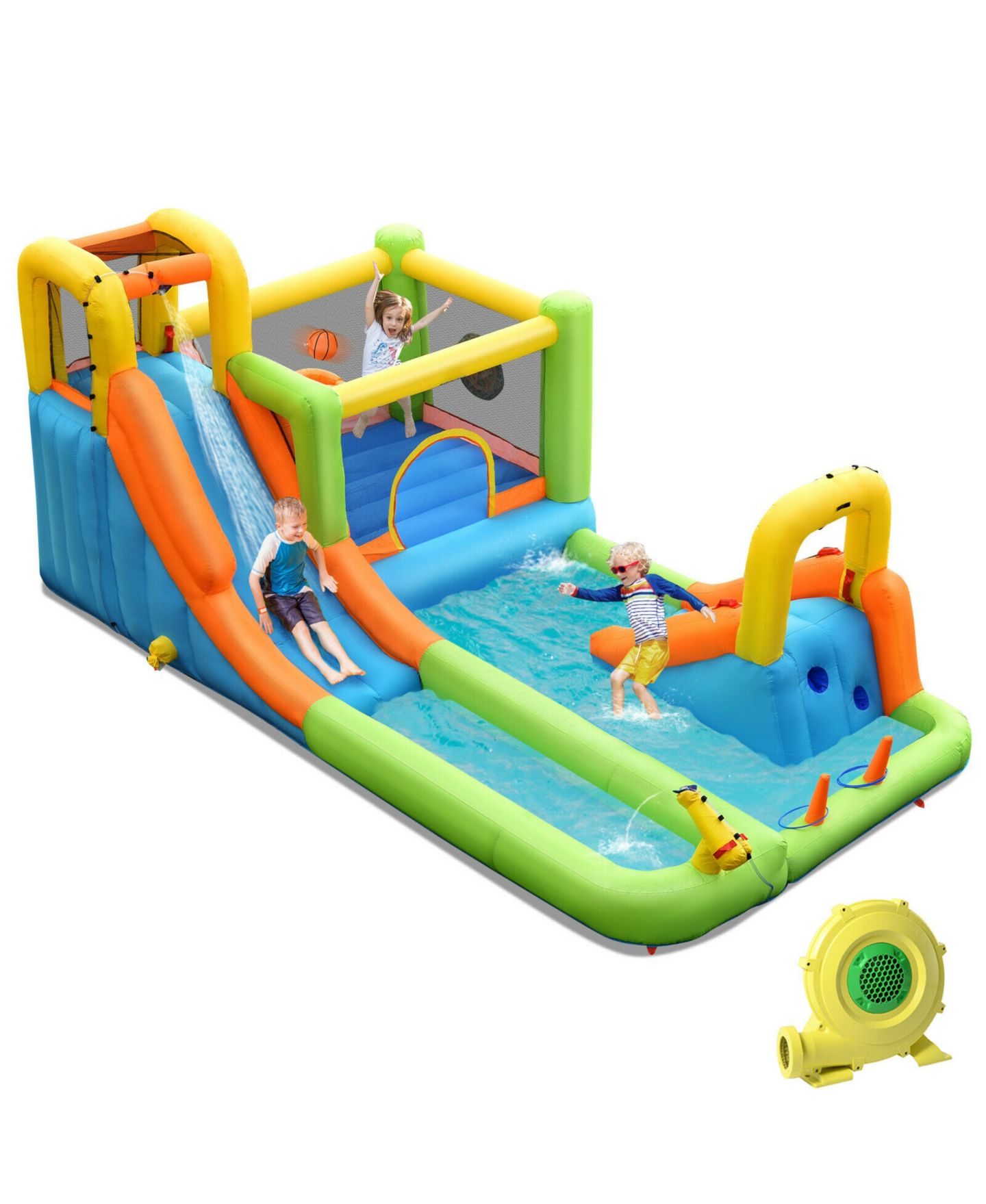 Детская игрушка SKONYON 8-in-1 Inflatable Water Slide Bounce House with 735W Blower, For Up to 3 People, Ages 3-10, цвет: Синий — фото 1