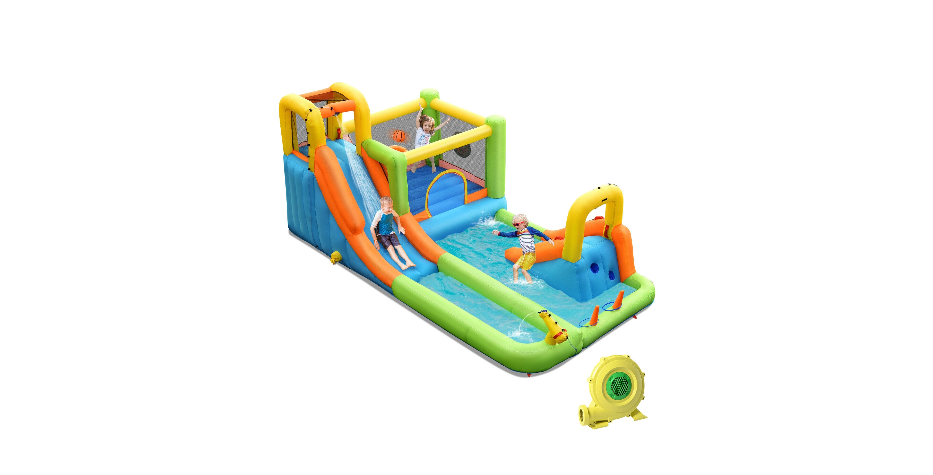Skonyon 8-in-1 Inflatable Water Slide Bounce House with 735W Blower, For Up to 3 People, Ages 3-10