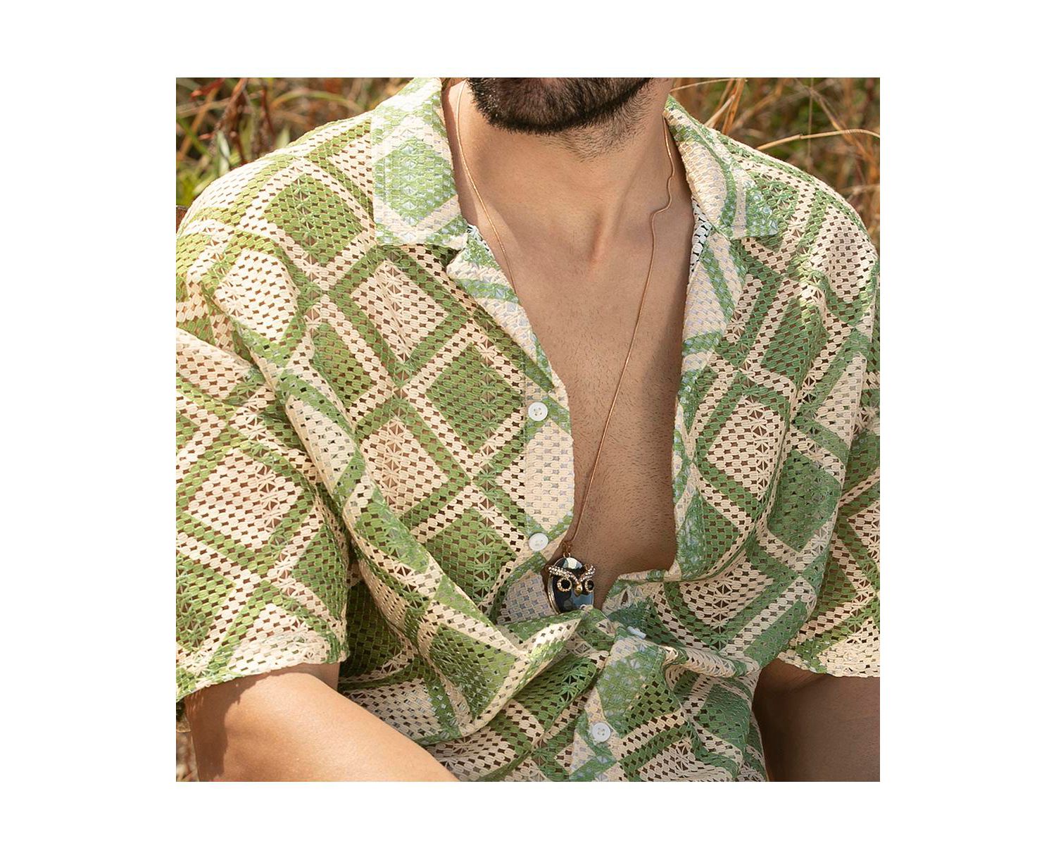 Men's Grass Green & Pale Yellow Geometric Block Oversized Shirt