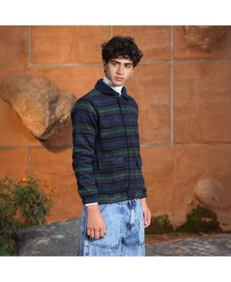 Men's Navy Blue & Emerald Green Striped-Jacquard Sherpa-Lined Jacket