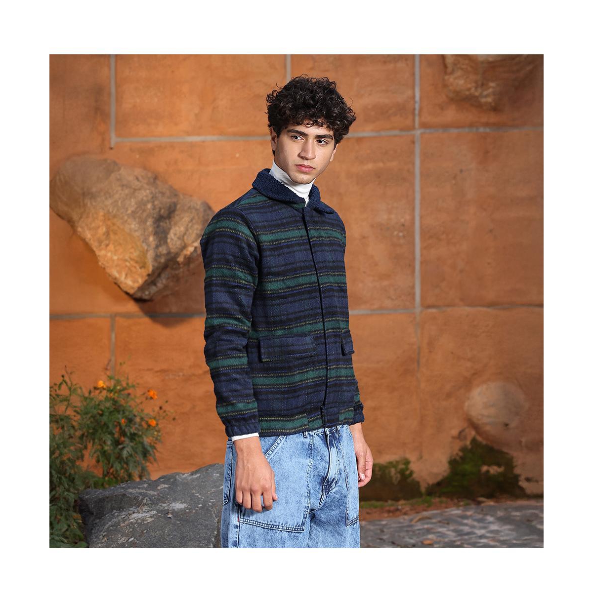 Campus Sutra Men's Navy Blue & Emerald Green Striped-Jacquard Sherpa-Lined Jacket