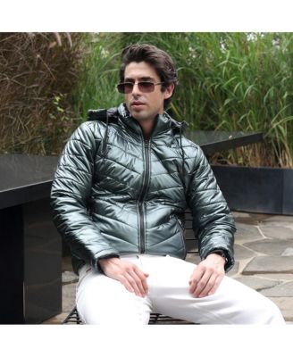 Men's Seaweed Green Coated Panel-Quilt Puffer Jacket