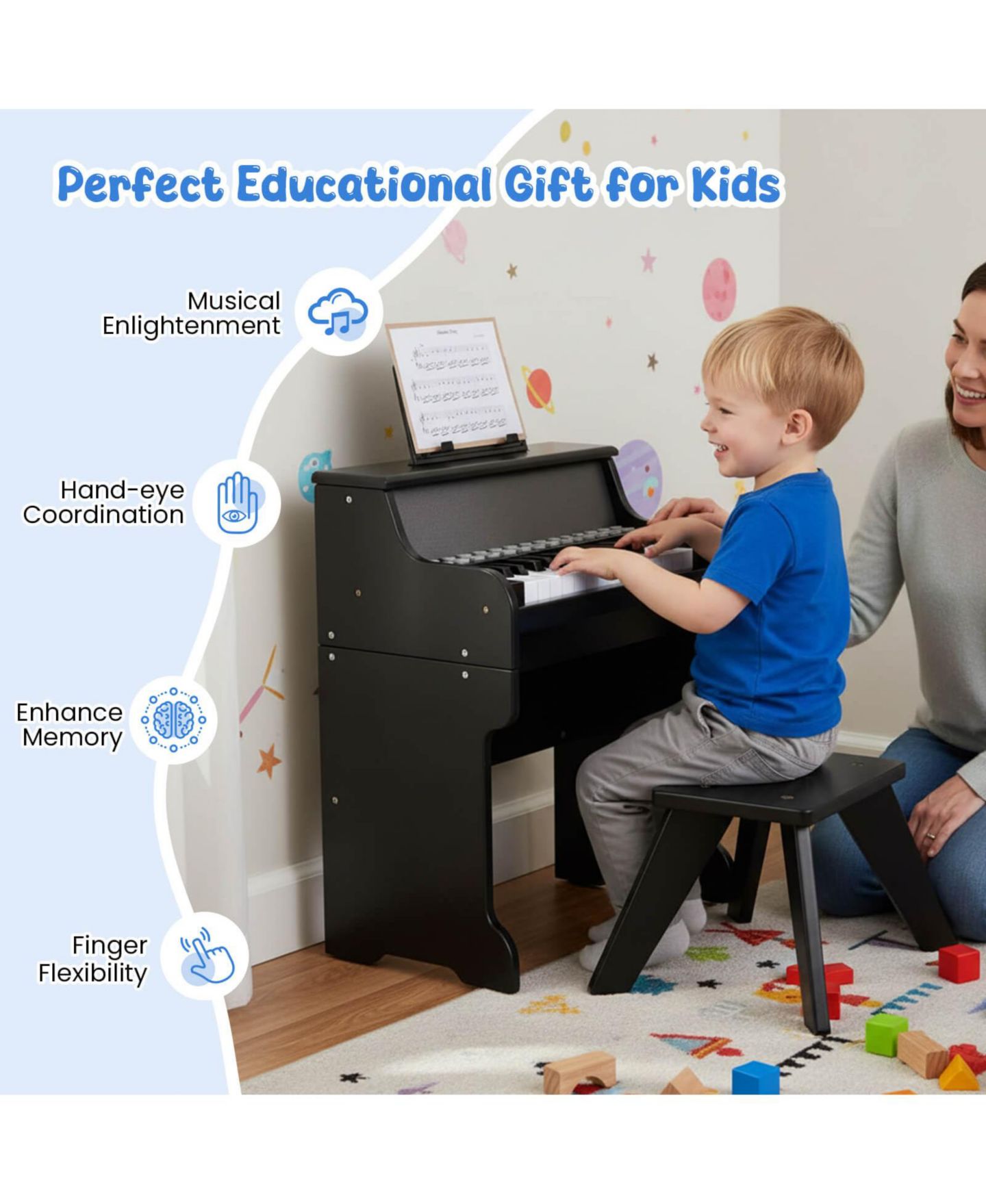 Детские игрушки Costway 25-Key Digital Piano with Lighted Keys Teaching Mode, 3-Piece Set, Ages 3+, цвет: Чёрный — фото 7