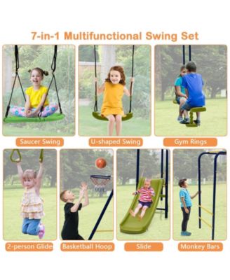 Kids Outdoor 7 in 1 Metal Swing Set with Slide Monkey Bar and Basketball Hoop