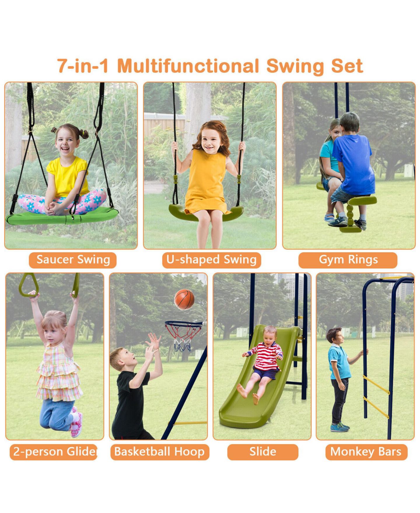 Детские игрушки HONGGE 7-in-1 Metal Swing Set with Slide, Monkey Bar & Hoop, Ages 3-10 — фото 7