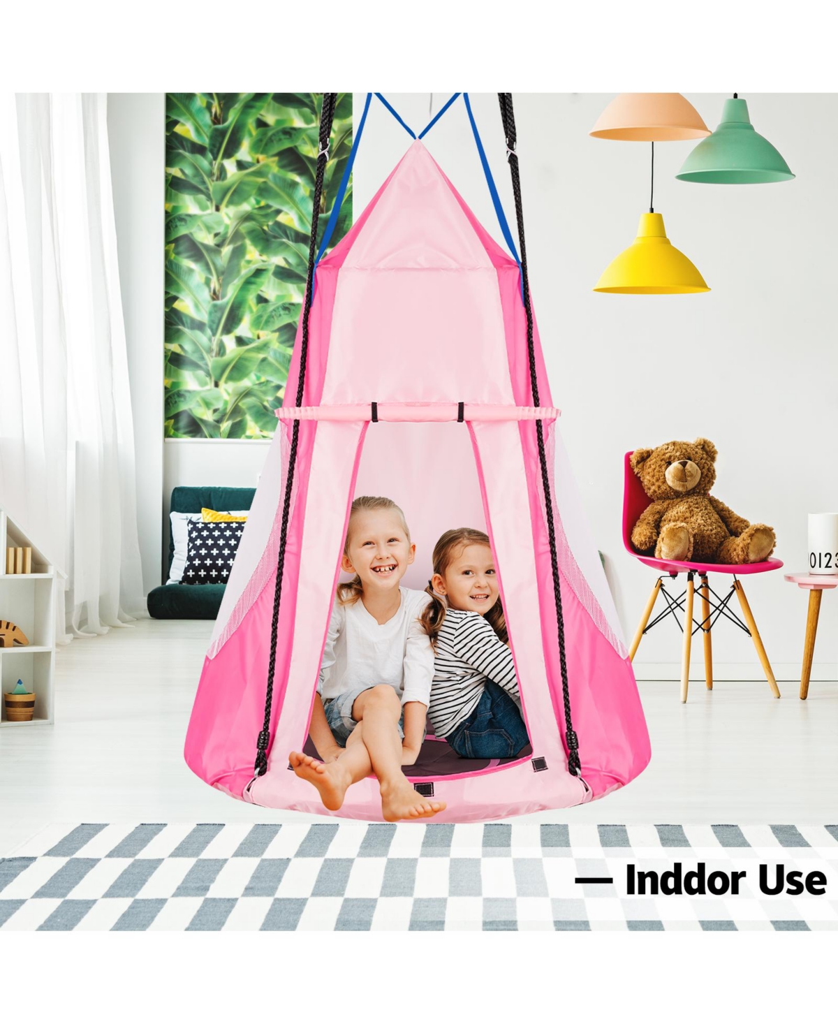 Skonyon 2-in-1 40 Inch Kids Hanging Chair Detachable Swing Tent Set-Pink