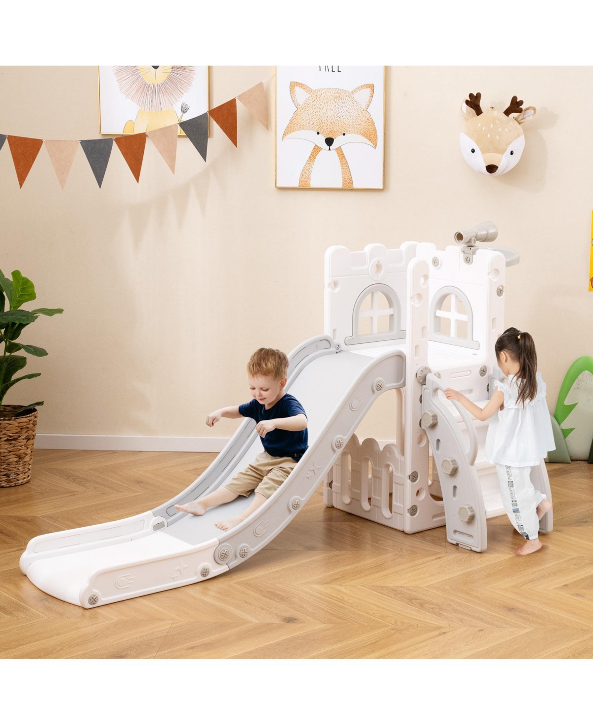 Skonyon 6-in-1 Toddler Slide L-shaped Playground with Basketball Hoop and Ladder