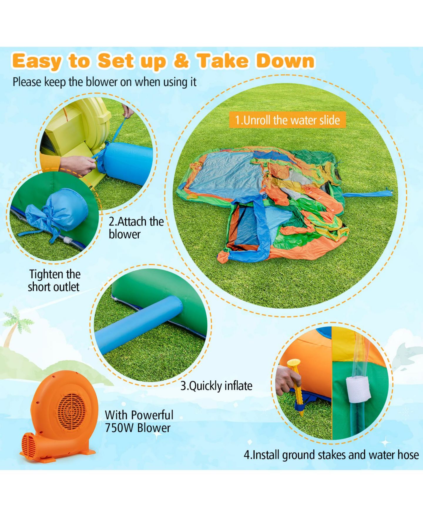 Детская игрушка SKONYON Kids Inflatable Water Slide with Multi-Game Zones and 750W Blower, Ages 3-10, цвет: Синий — фото 8
