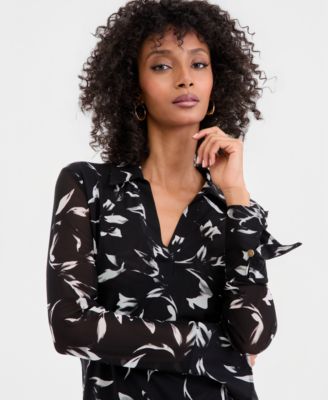 Women's Long-Sleeve Printed Mesh Collared Top