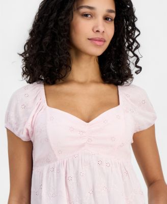 Juniors' Short-Sleeve Embroidered Sweetheart-Neck Babydoll Top