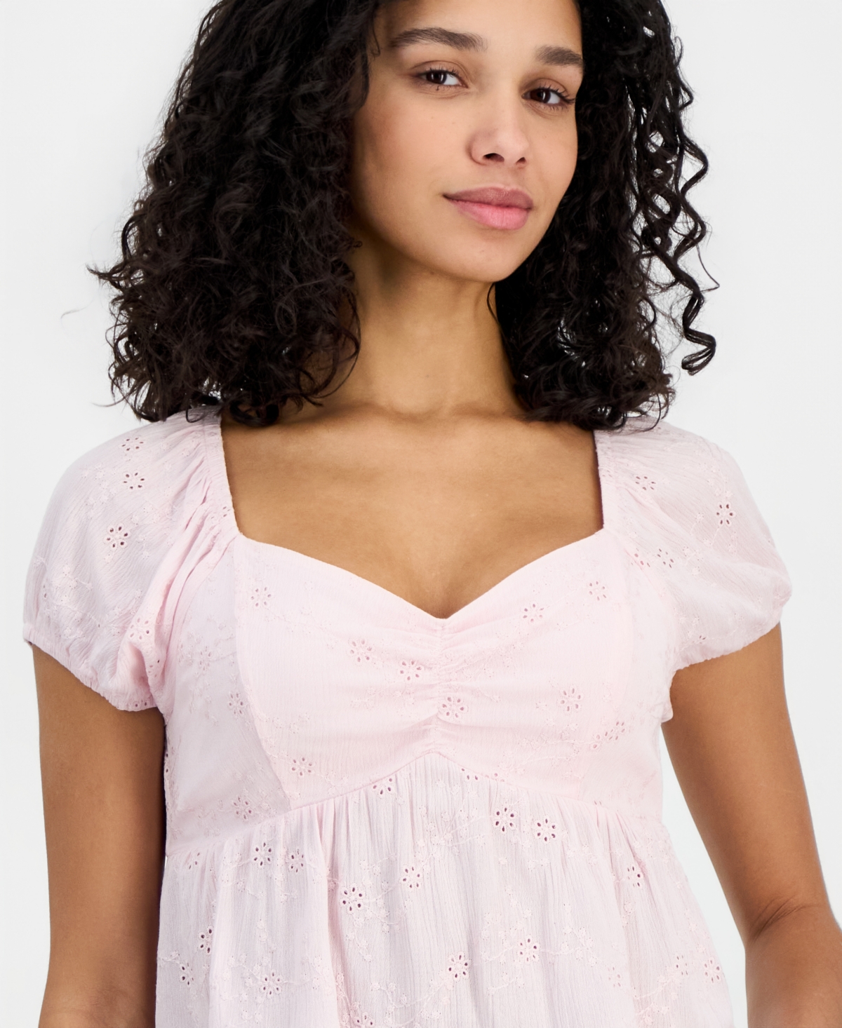 Hippie Rose Juniors' Short-Sleeve Embroidered Sweetheart-Neck Babydoll Top
