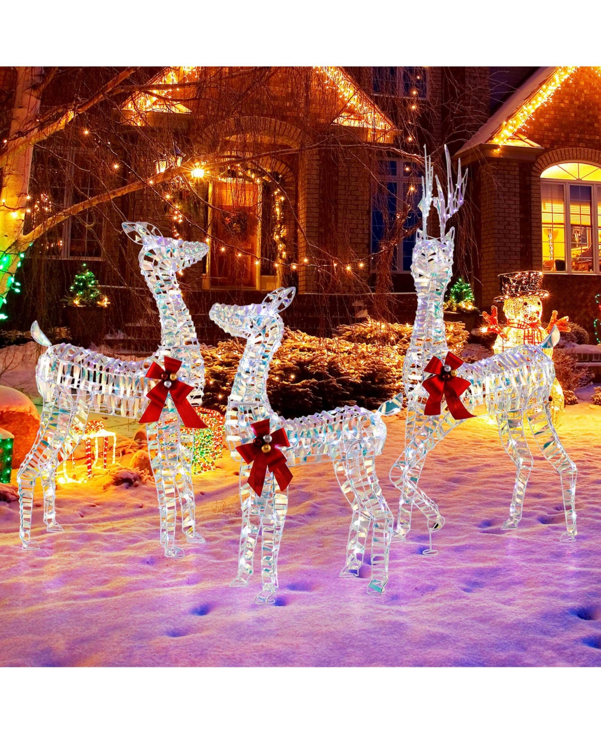 3-Piece Large Lighted Christmas Reindeer Family with Led Lights & Bows Buck