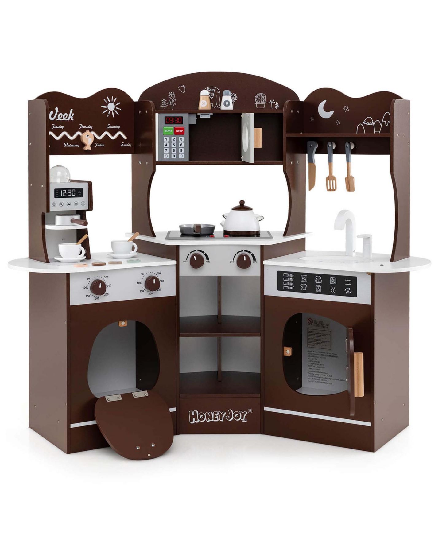 Детский игровой набор Costway Corner Kitchen Playset with Coffee Machine, 12-Piece, Ages 3+, цвет: Коричневый — фото 1
