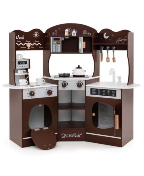 Детский игровой набор Costway Corner Kitchen Playset with Coffee Machine, 12-Piece, Ages 3+, цвет: Коричневый
