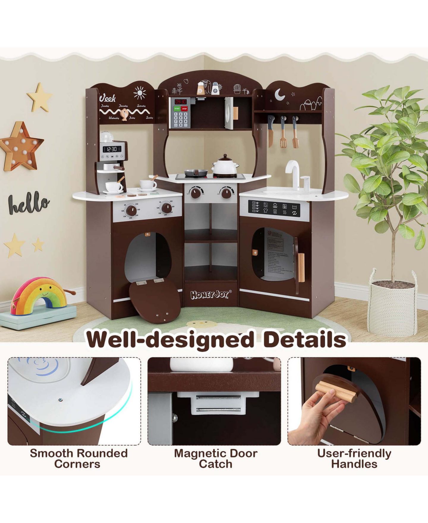 Детский игровой набор Costway Corner Kitchen Playset with Coffee Machine, 12-Piece, Ages 3+, цвет: Коричневый — фото 10