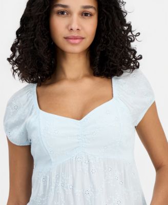 Juniors' Short-Sleeve Embroidered Sweetheart-Neck Babydoll Top