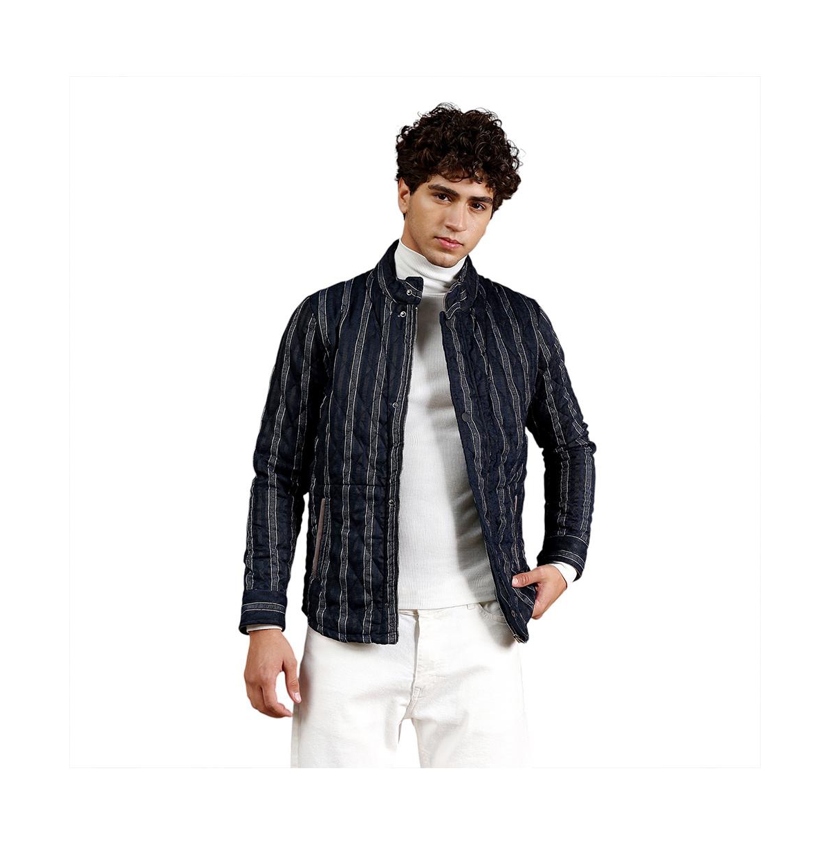 Campus Sutra Men's Navy Blue Woven-Striped Quilted Jacket