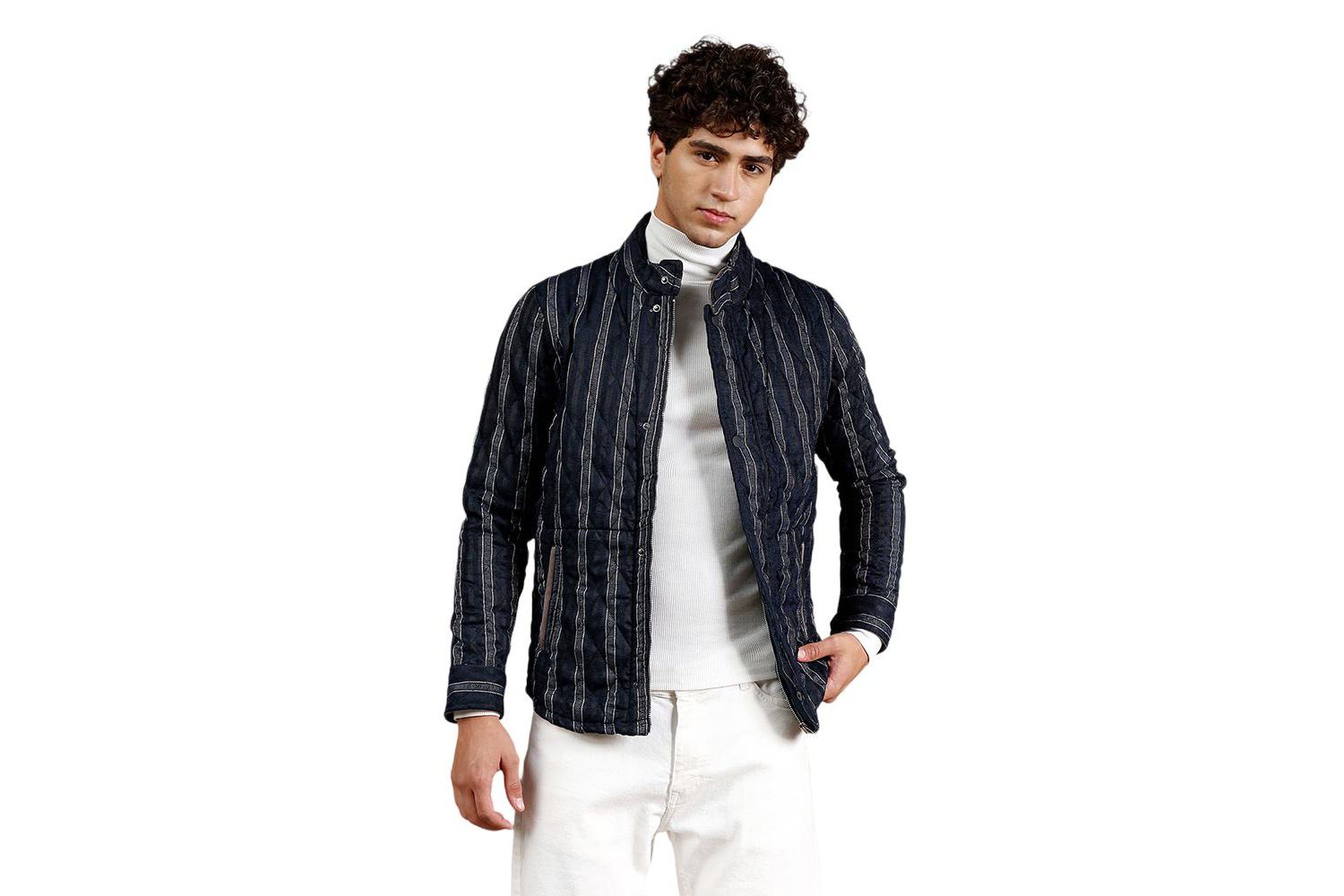 Men's Navy Blue Woven-Striped Quilted Jacket