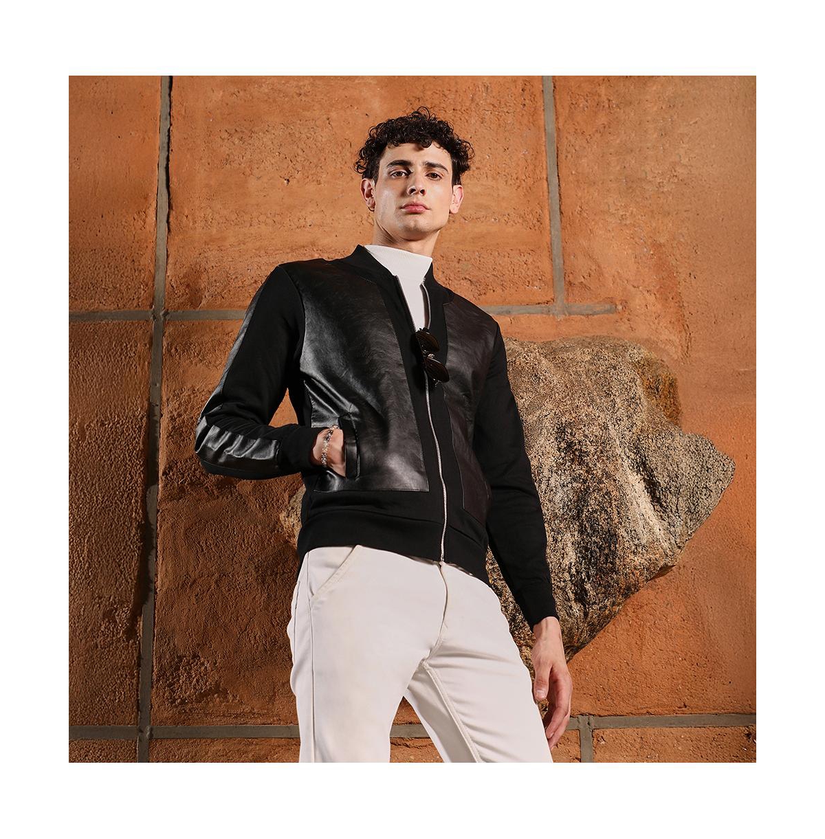 Campus Sutra Men's Onyx Black Self-Block Bomber Jacket