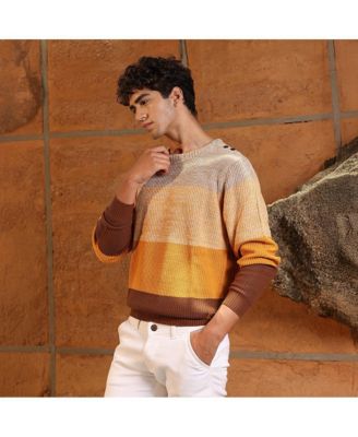 Men's Pumpkin Orange & Chocolate Brown Panel-Jacquard Knit Pullover Sweater