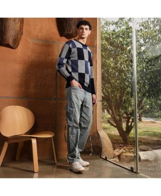 Men's Navy Blue Block-Check Pullover Sweater