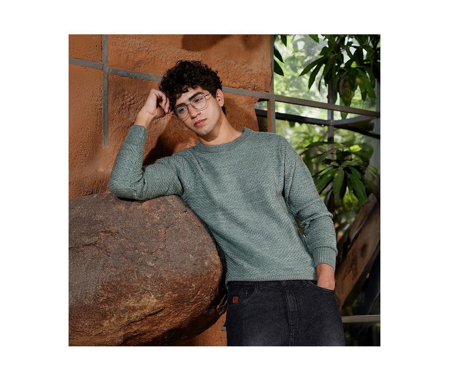 Мужской свитер Campus Sutra Geo-Jacquard Knit Pullover, цвет: Зелёный — фото 3