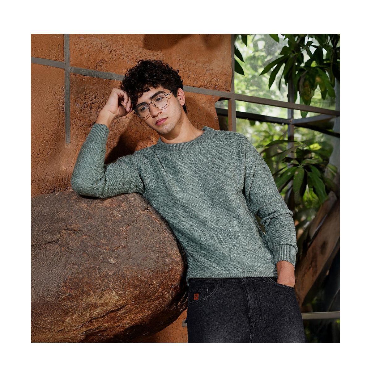 Campus Sutra Men's Geo-Jacquard Knit Pullover Sweater