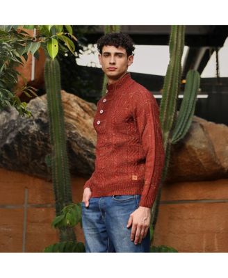 Men's Terracotta Brown Heathered-Jacquard Knit Fisherman Sweater