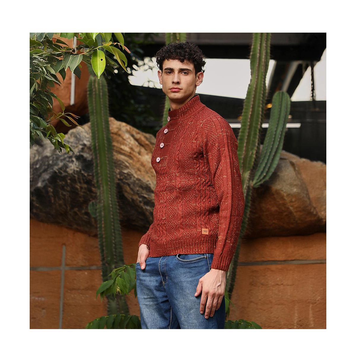 Campus Sutra Men's Terracotta Brown Heathered-Jacquard Knit Fisherman Sweater