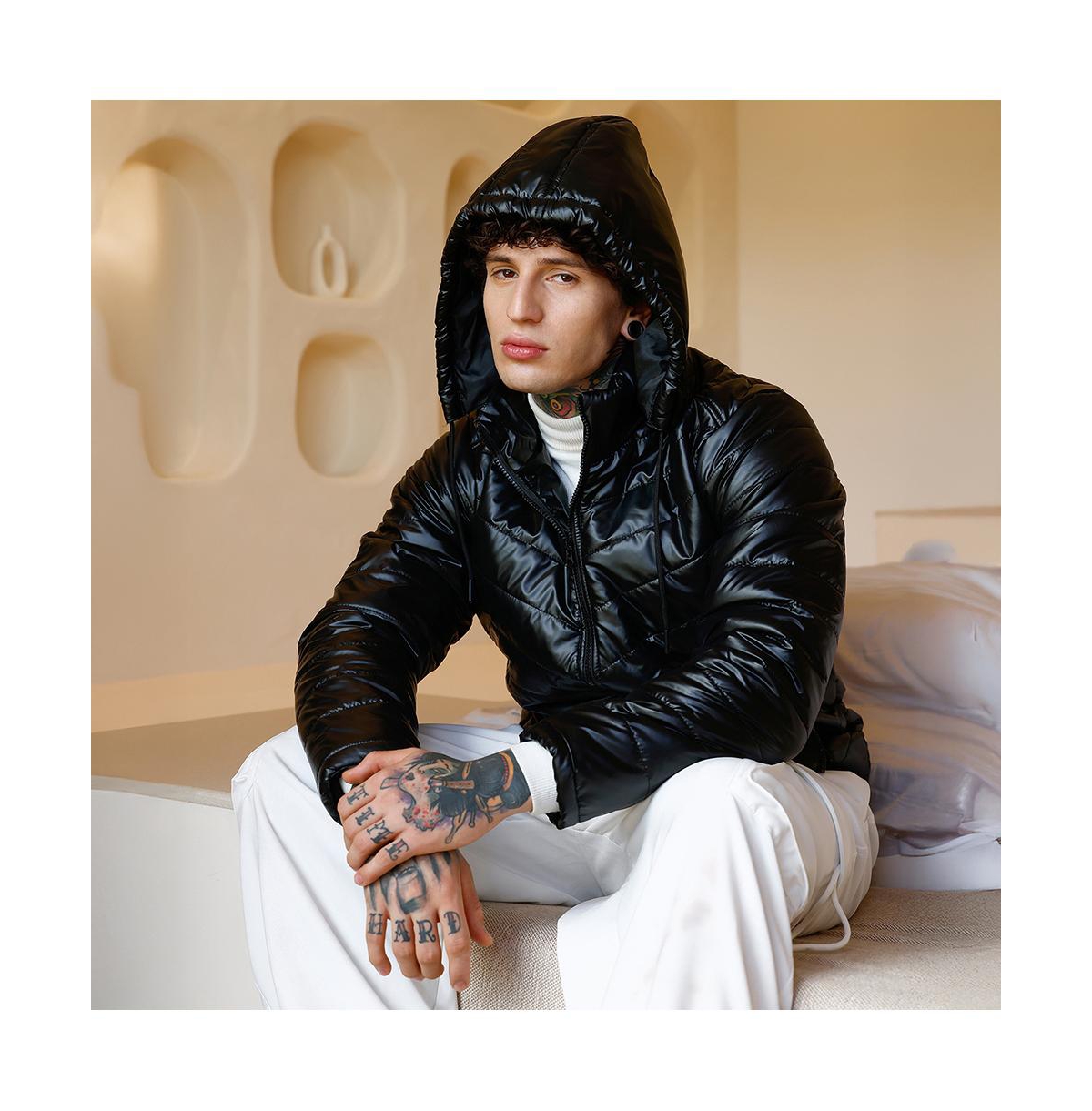 Campus Sutra Men's Onyx Black Patent-Quilt Puffer Jacket