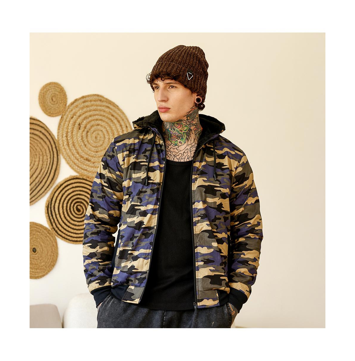 Campus Sutra Men's Army Green & Khaki Beige Camouflage Fleece-Lined Jacket