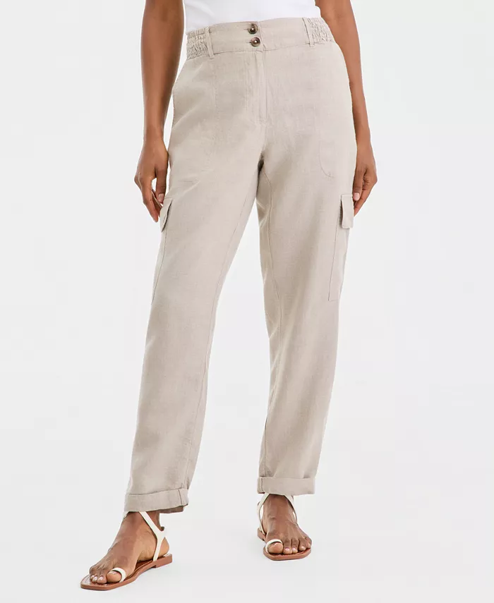 Women's Linen Smocked Cargo Pants - thumbnail 3