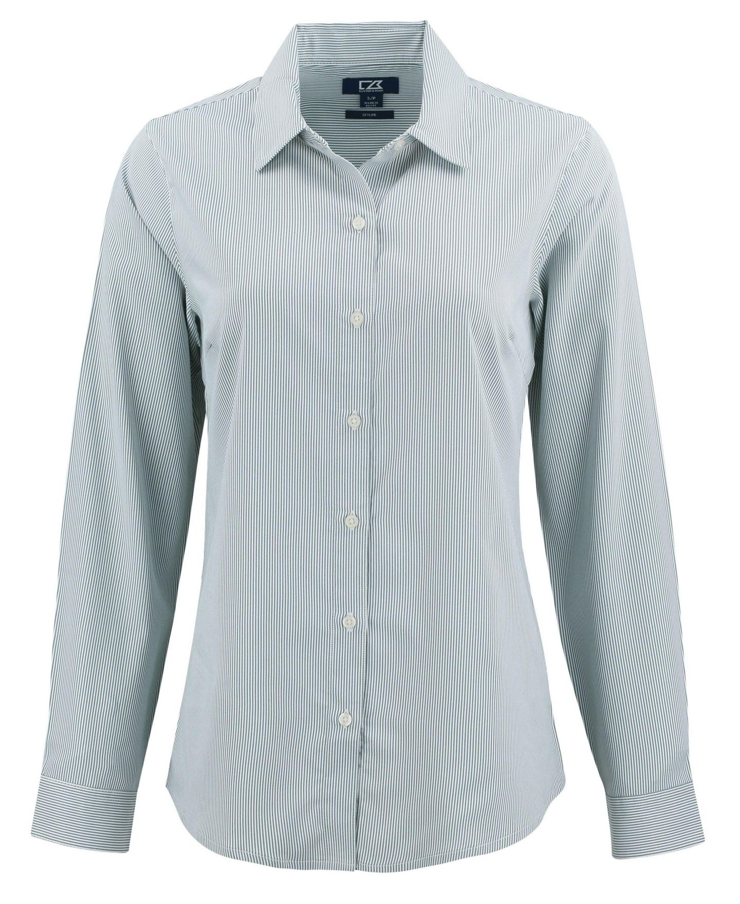 Женская рубашка Cutter & Buck Skyline Epic Confidence Pinstripe Long Sleeve Dress Shirt, цвет: Тёмно-зелёный / Белый — фото 2
