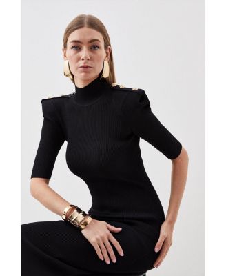 Women's Rib Knit Power Shoulder Maxi Dress