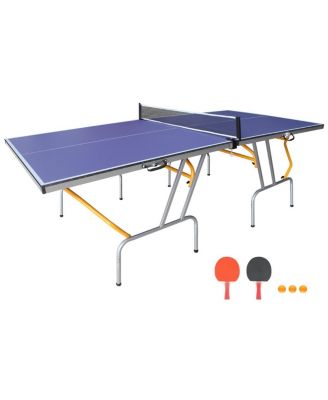 9FT Foldable Table Tennis Table Set with Net, Paddles and Balls, Mid-Size Blue MDF Ping Pong Table with Aluminum Frame for Indoor Apartment