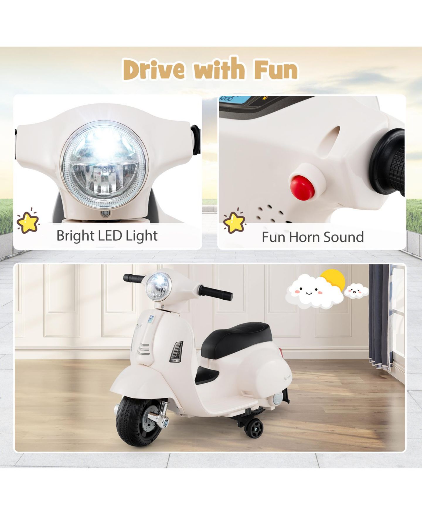 Детская игрушка SUGIFT Licensed Vespa 6V Rechargeable Battery Ride-On Motorcycle with Training Wheels, Ages 18-36 Months, цвет: Белый — фото 5