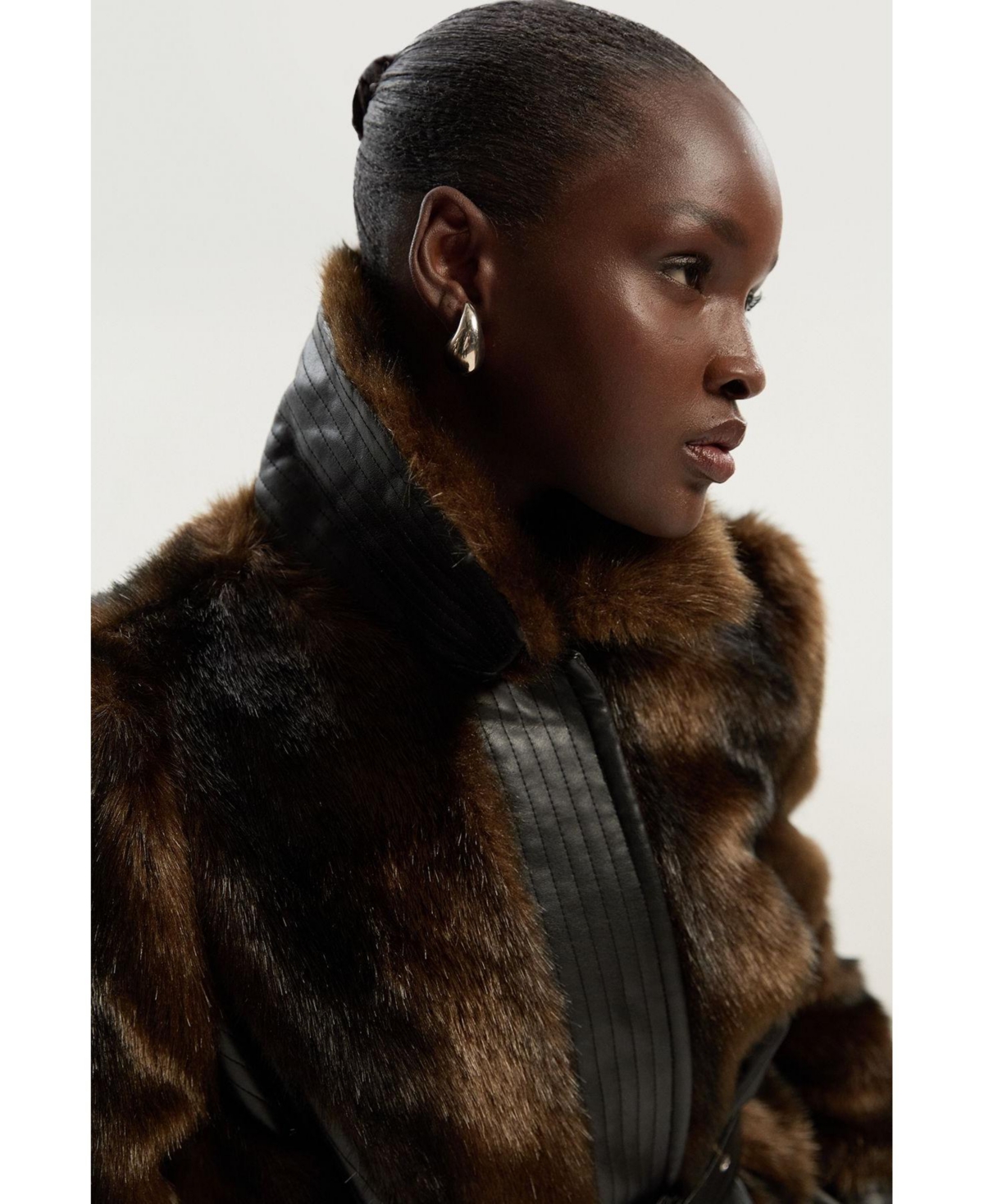 Karen Millen Women's Faux Fur Pu Panelled Belted Midi Coat