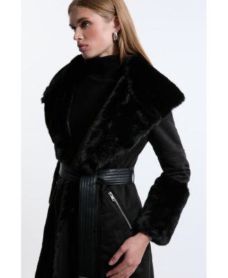 Women's Faux Shearling Belted Midi Coat