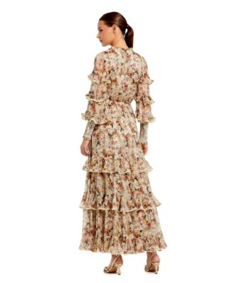 Women's Floral Tiered Ruffle Midi Dress with Long Sleeves