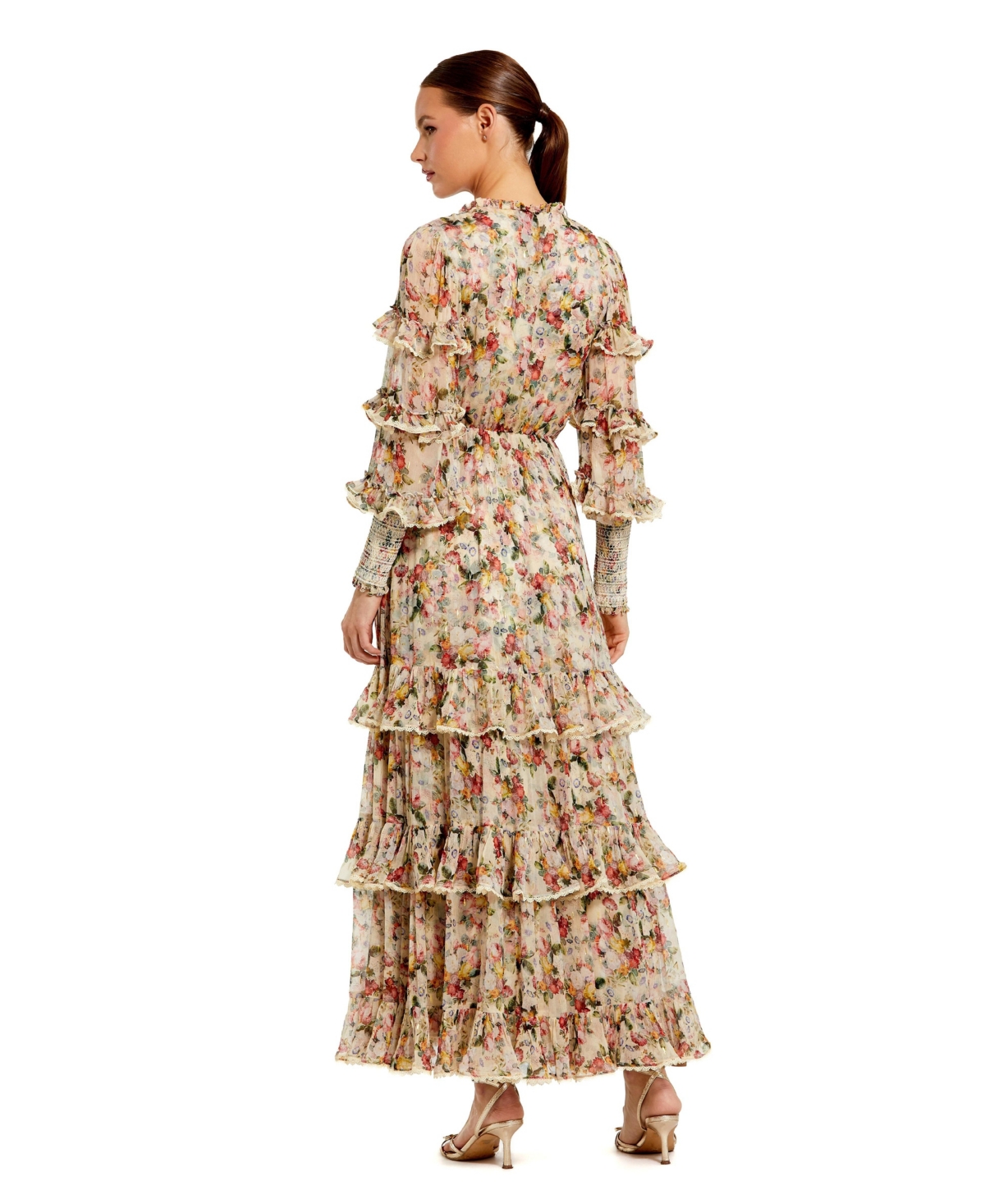 Mac Duggal Women's Floral Tiered Ruffle Midi Dress with Long Sleeves