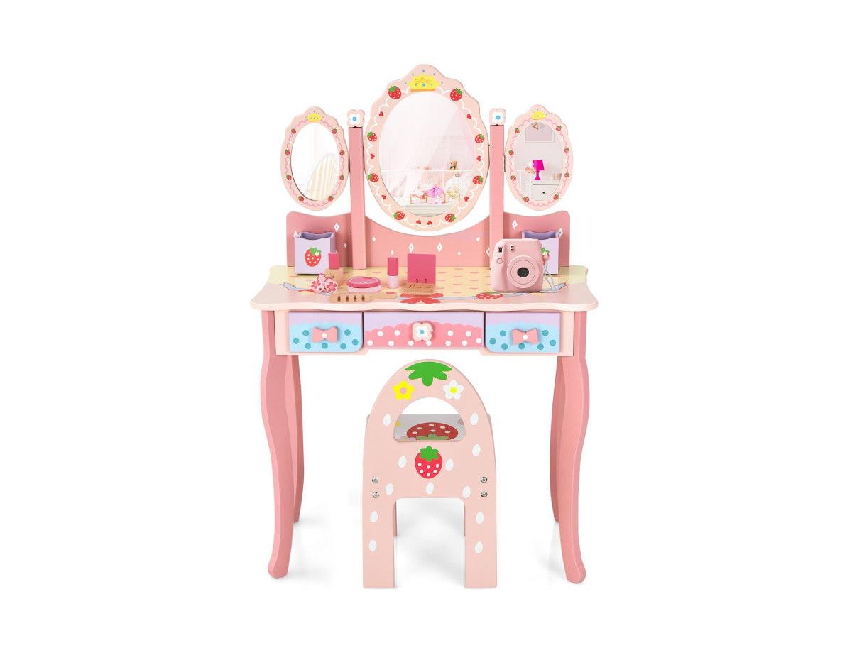 Boyel Living Kids Vanity Princess Makeup Dressing Table Chair Set with Tri-fold Mirror, White