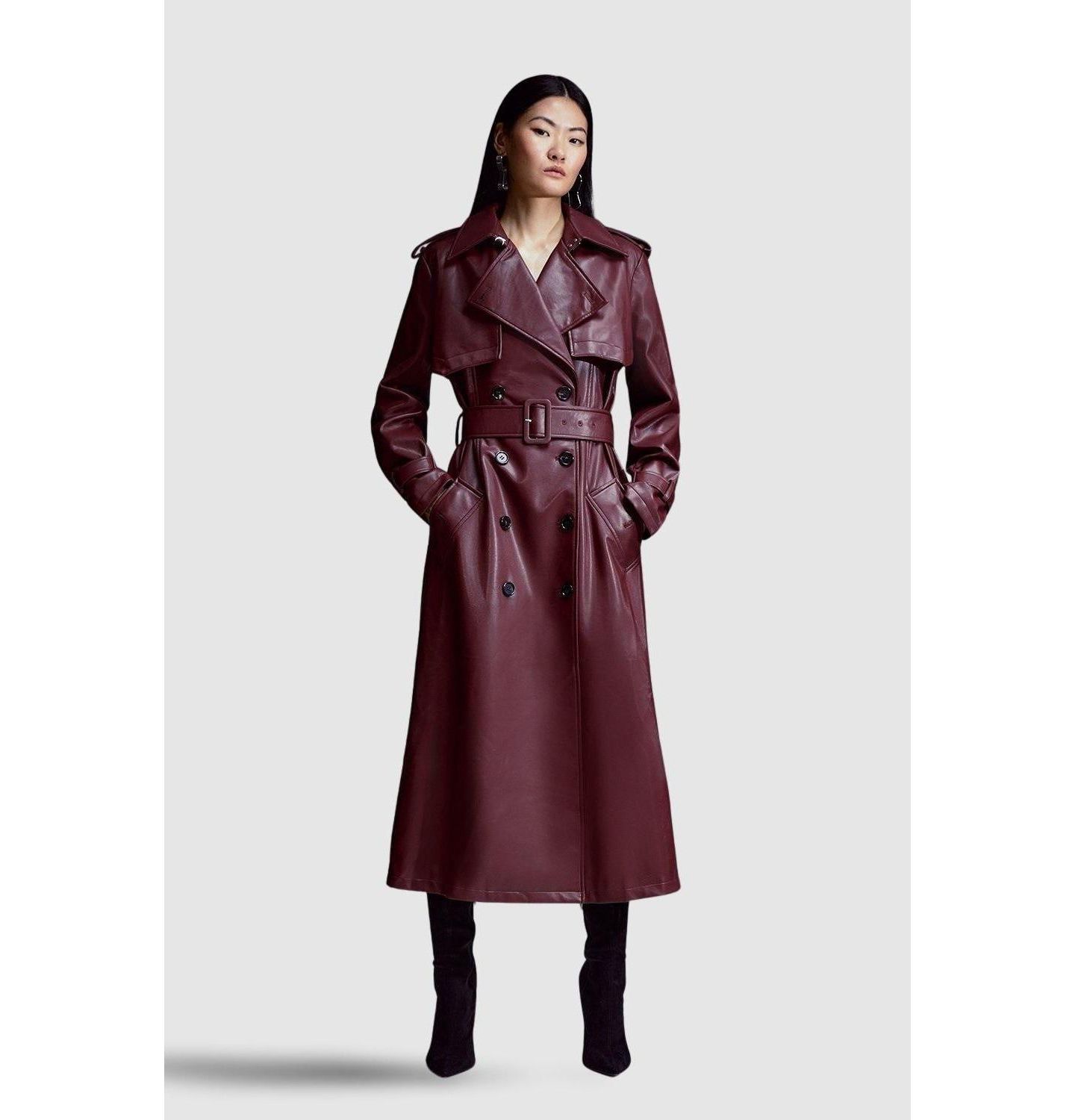 Женское пальто Karen Millen Tailored Faux Leather Belted Trench, цвет: Тёмно-бордовый — фото 1