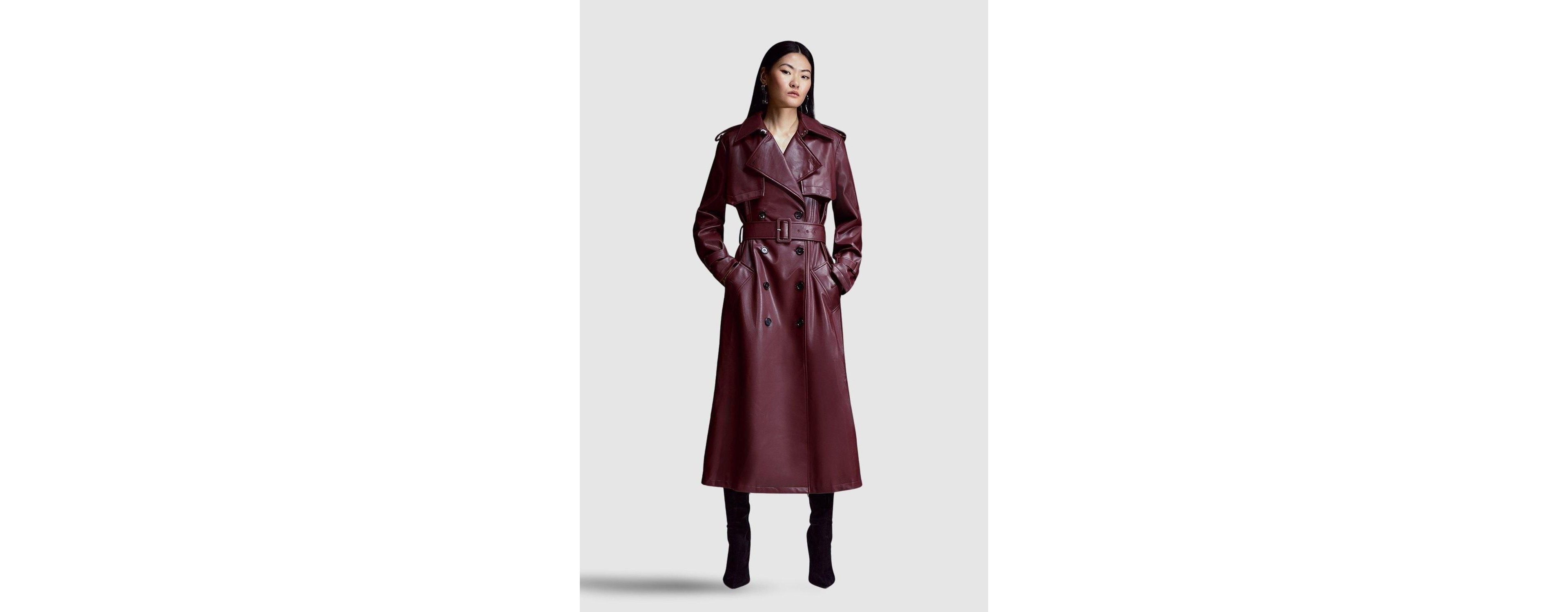 Karen Millen Women's Tailored Faux Leather Belted Trench Coat