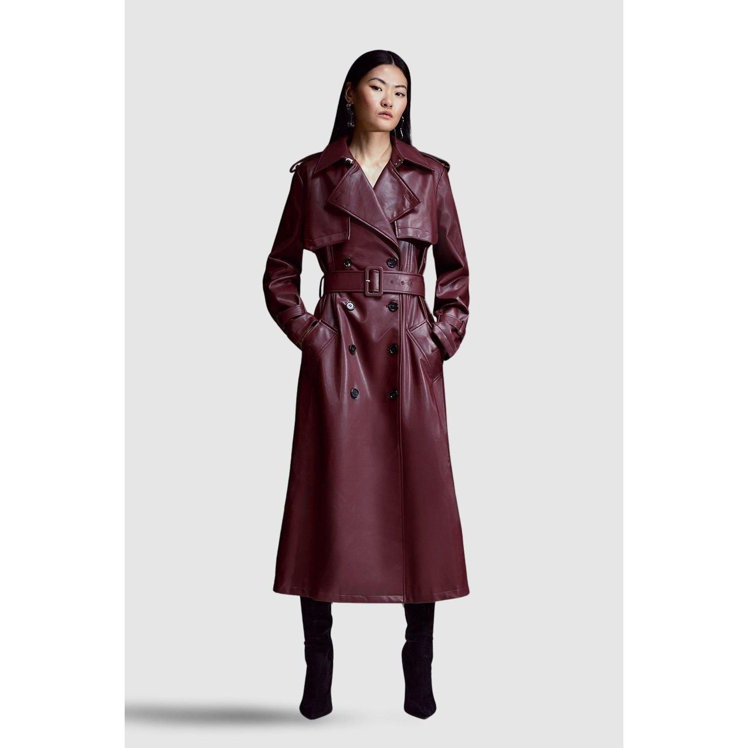 Women's Tailored Faux Leather Belted Trench Coat