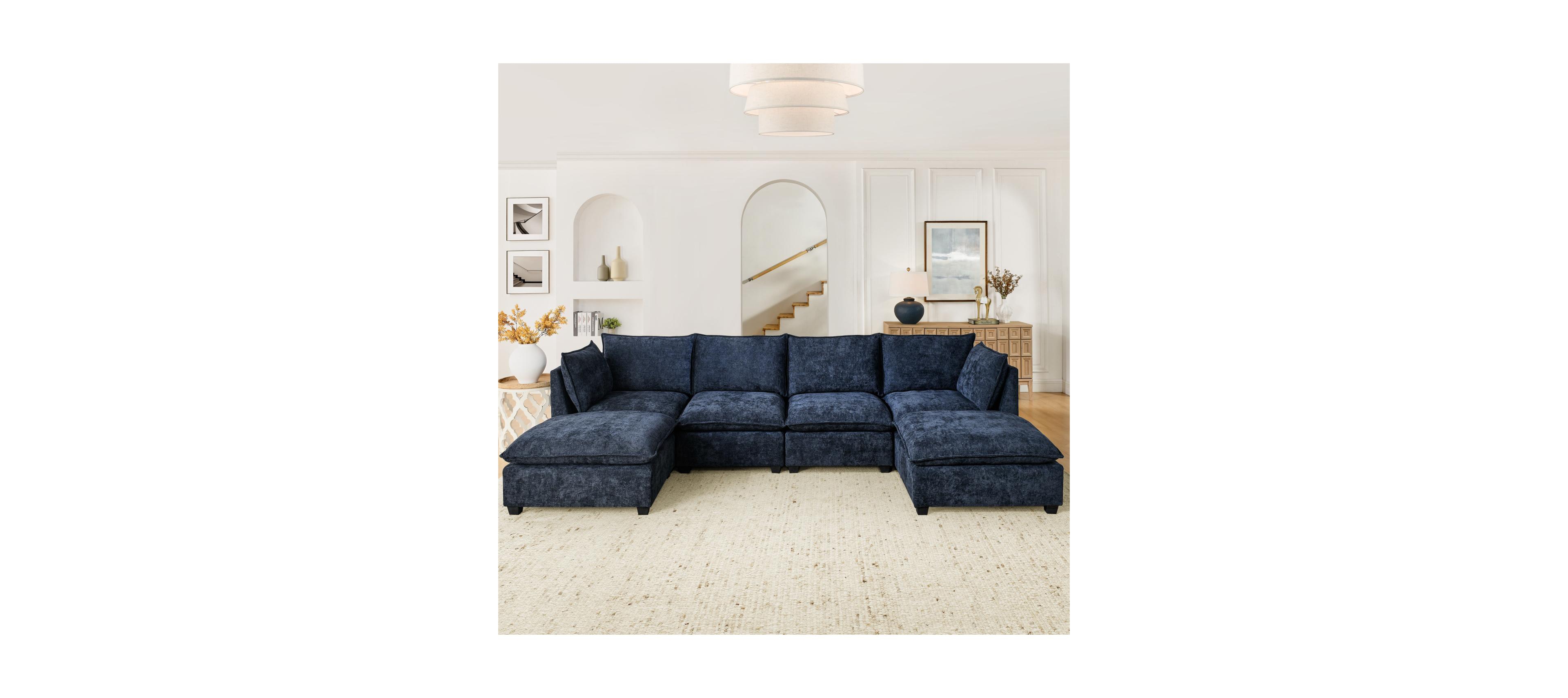Streamdale Furniture Comfy Cloud 4-Seat Chenille Sofa Sleeper with Ottomans & Pillows (Blue)
