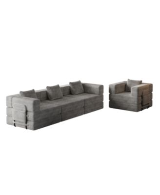4-seater folding sofa bed with corduroy fabric, storage pockets & cushions.