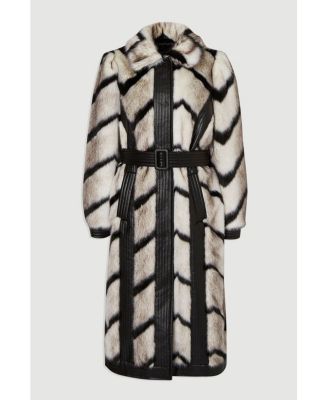 Women's Stripe Faux Fur Belted Long Coat