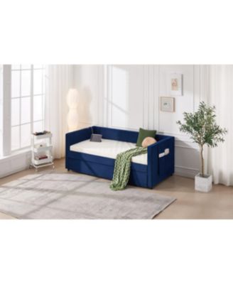 Streamdale Twin Upholstered Daybed with Trundle, USB, Side Pockets (Navy