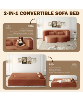 Streamdale Modern Floor Sofa with 2 Pillows, Convertible Plush Corduroy Sleeper Sofa Bed, Orange